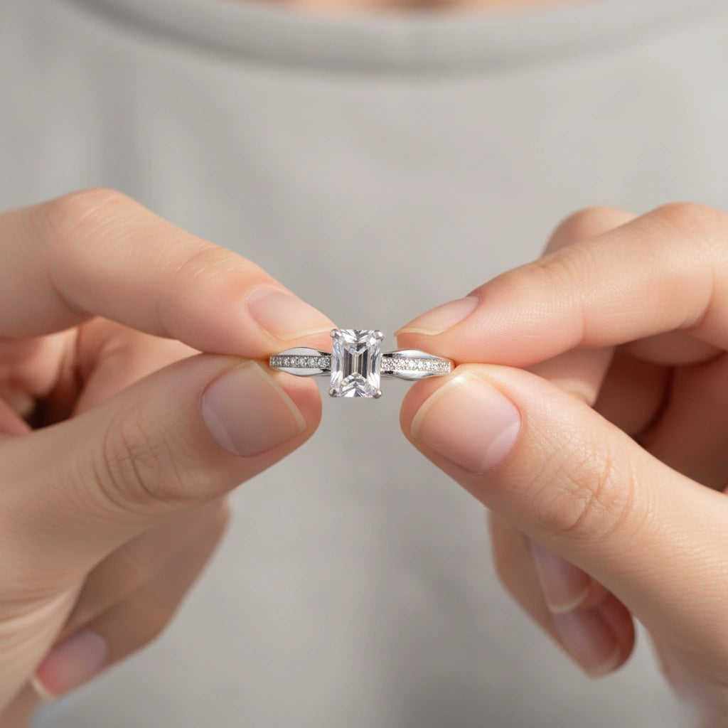 Diamond ring held between two hands against a neutral background