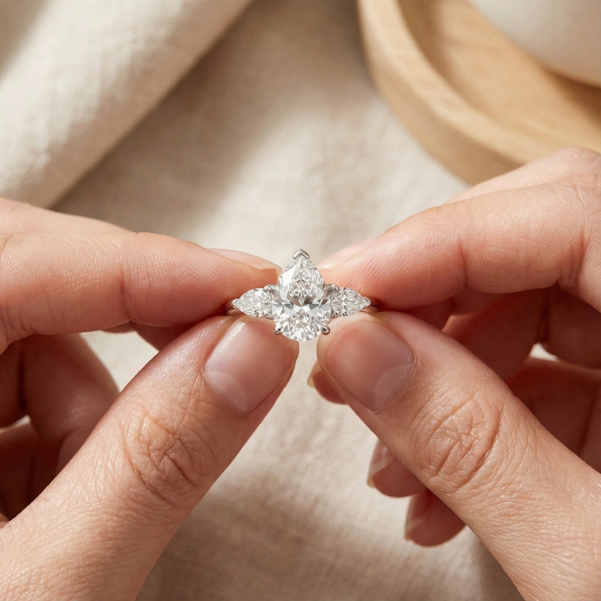 Diamond ring held between two fingers against a neutral background