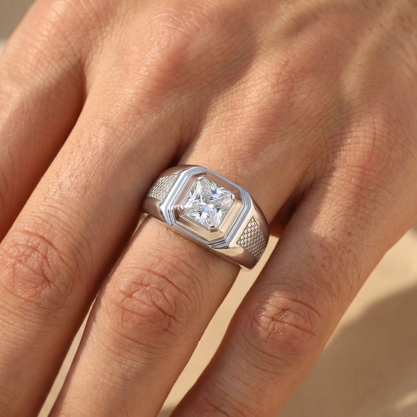 Asscher Cut Solitaire Ring in 925 Silver Jewellery with Textured Designer Band