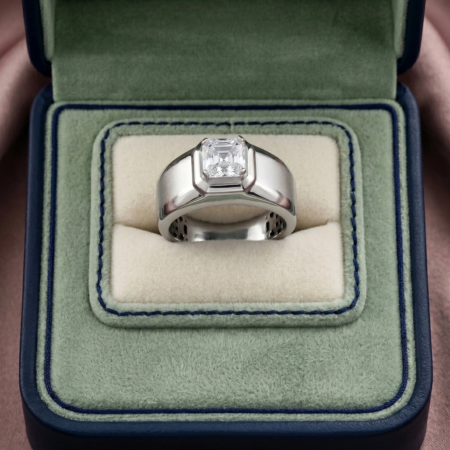 Silver ring with a diamond in a green velvet box