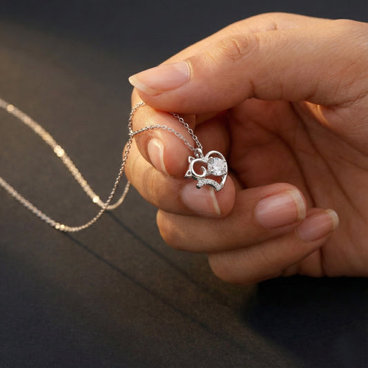 Hand holding a silver necklace with a heart-shaped pendant against a dark background