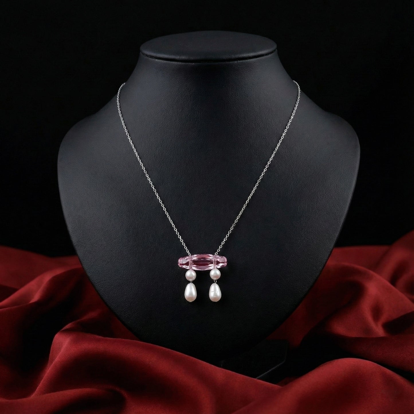 Necklace with pink pendant and pearls on a black mannequin bust against a red fabric background