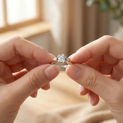 Two hands holding a diamond ring against a blurred indoor background