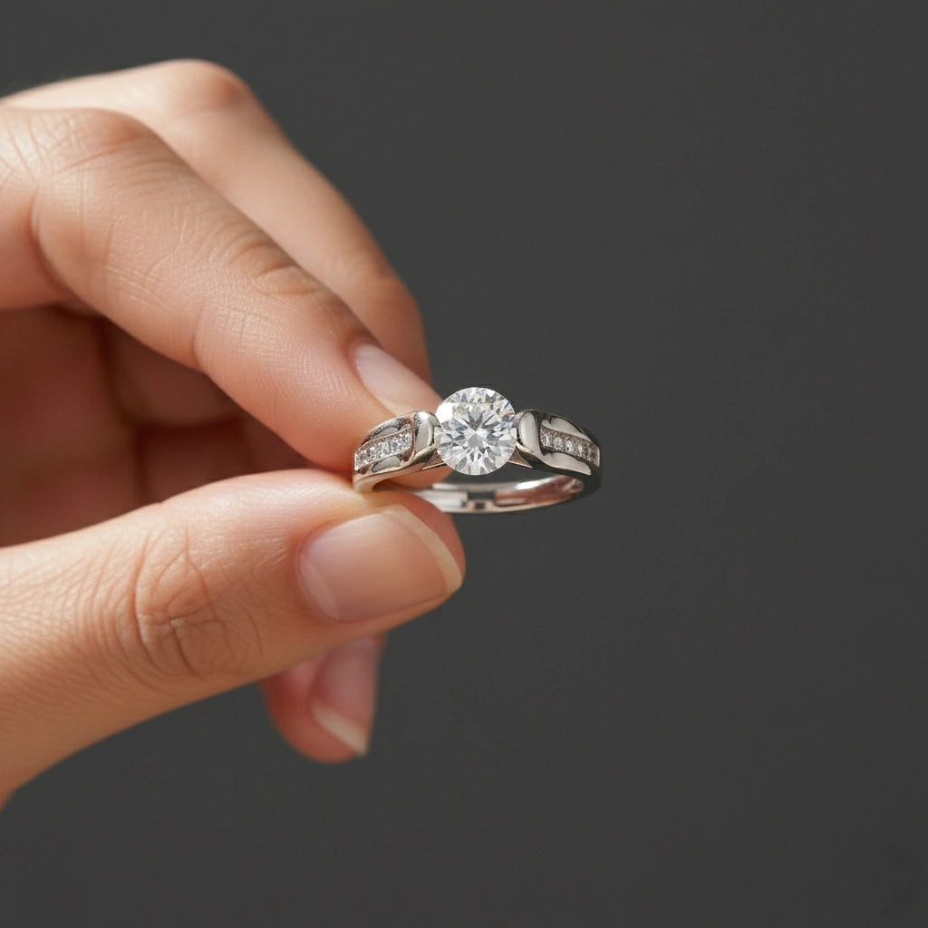 Silver ring with a large diamond held by a hand against a dark background