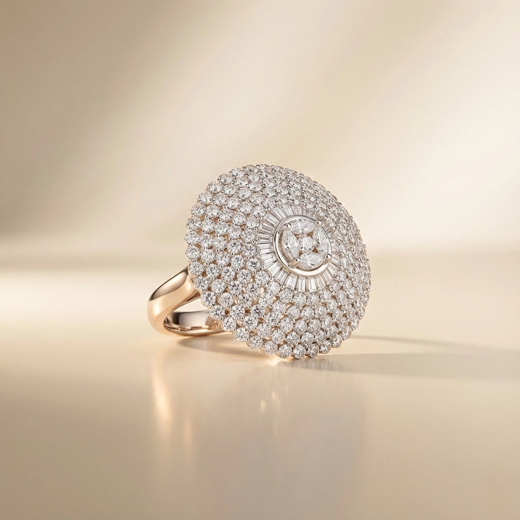 Diamond-encrusted ring on a beige background