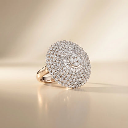 Diamond-encrusted ring on a beige background