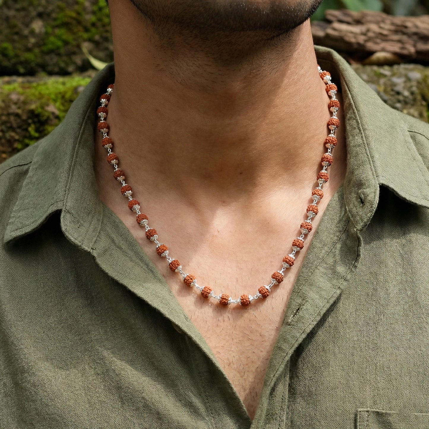 Handmade rudraksha mala necklace with sterling silver connectors