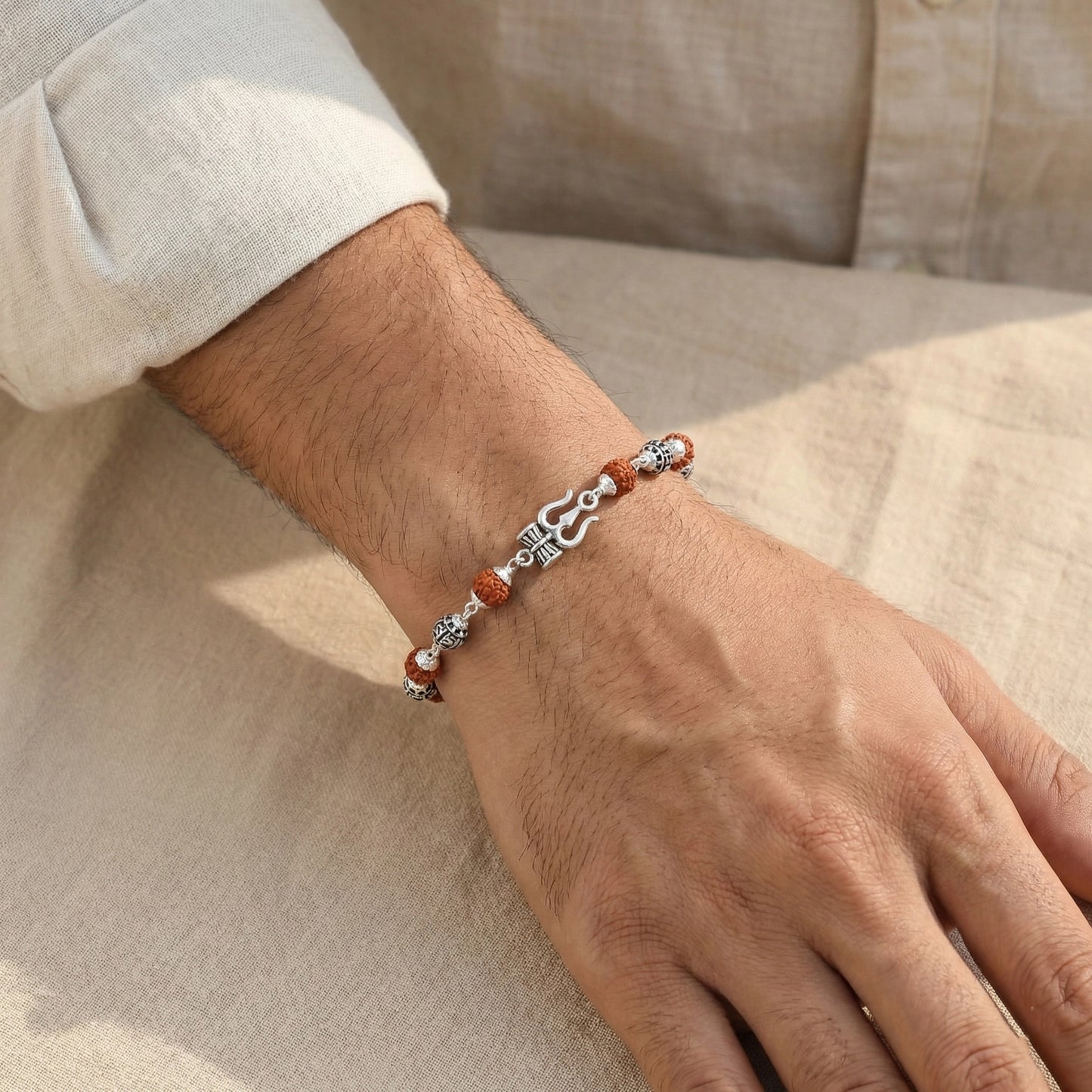 Handcrafted rudraksha bracelet with oxidized silver beads