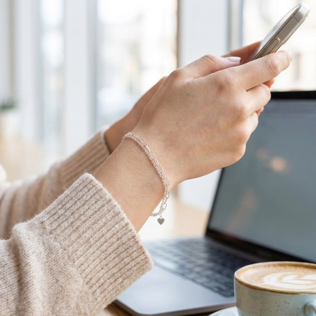 Minimal silver chain bracelet on black textured background