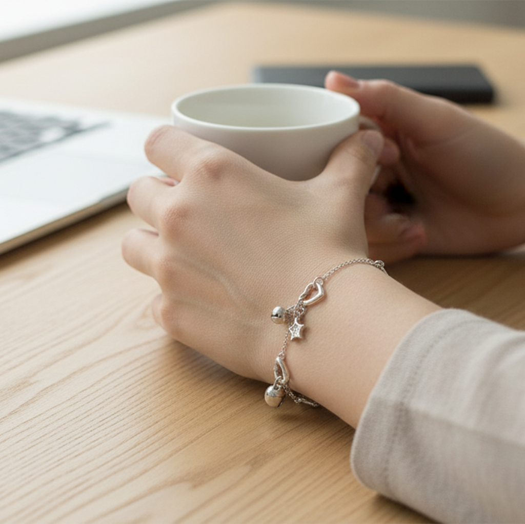 Person holding a white mug with a silver bracelet on a wooden desk