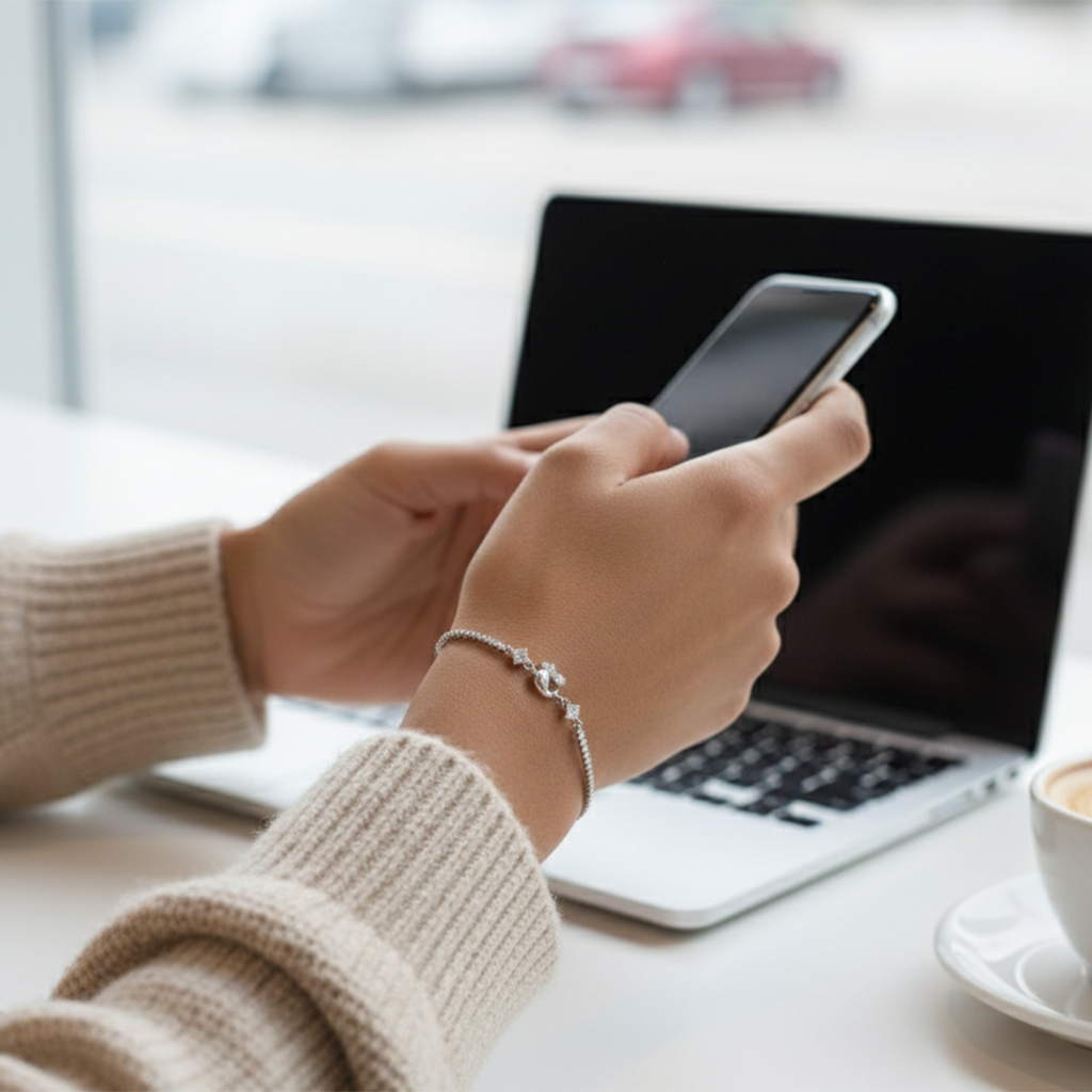Person using a smartphone with a laptop and cup of coffee in the background