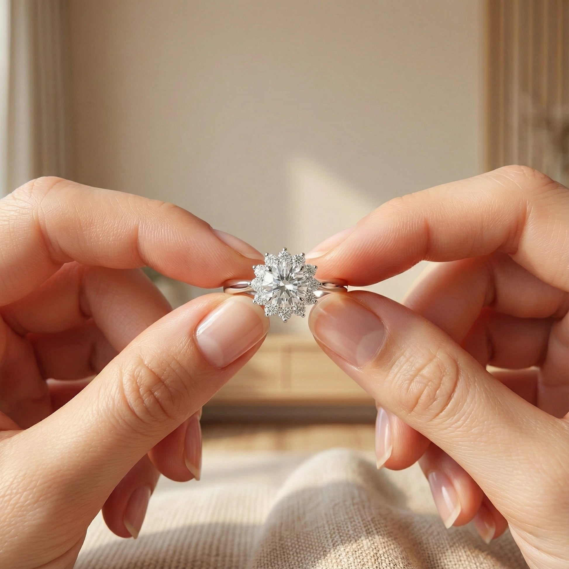 Diamond ring held between two hands with a neutral background