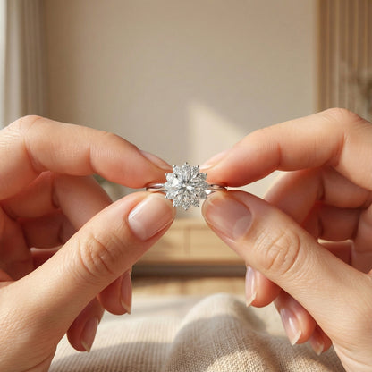 Diamond ring held between two hands with a neutral background