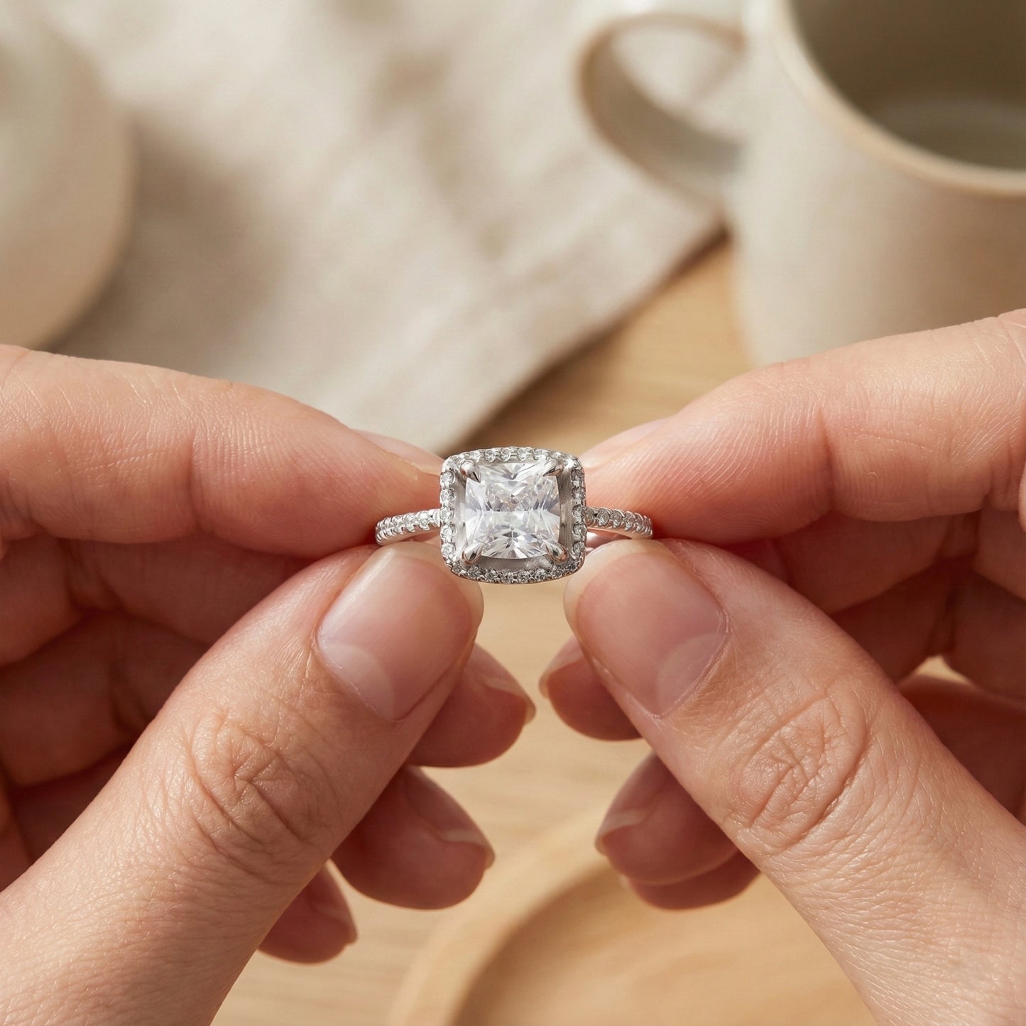 Diamond ring held between two fingers with a blurred background