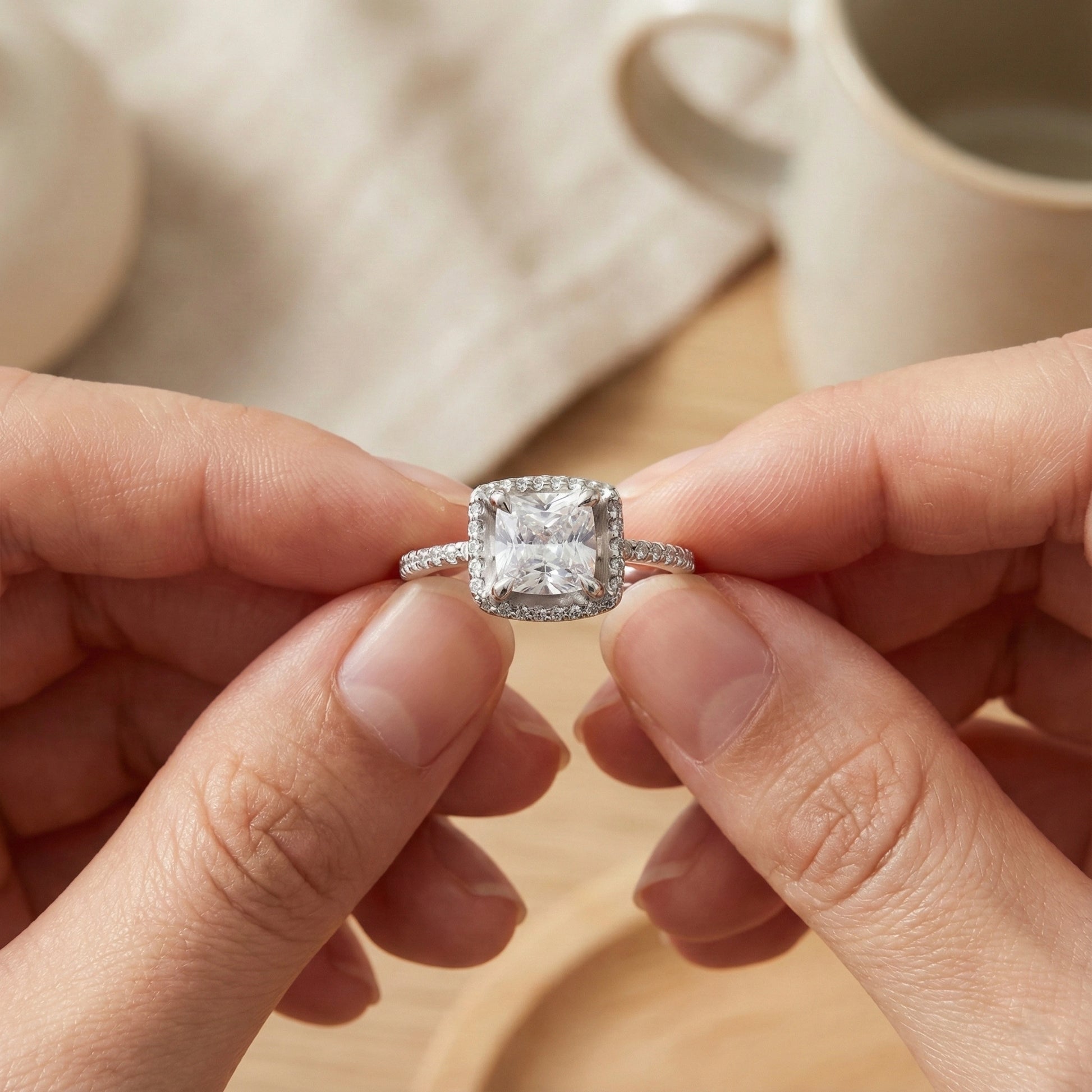 Diamond ring held between two fingers with a blurred background