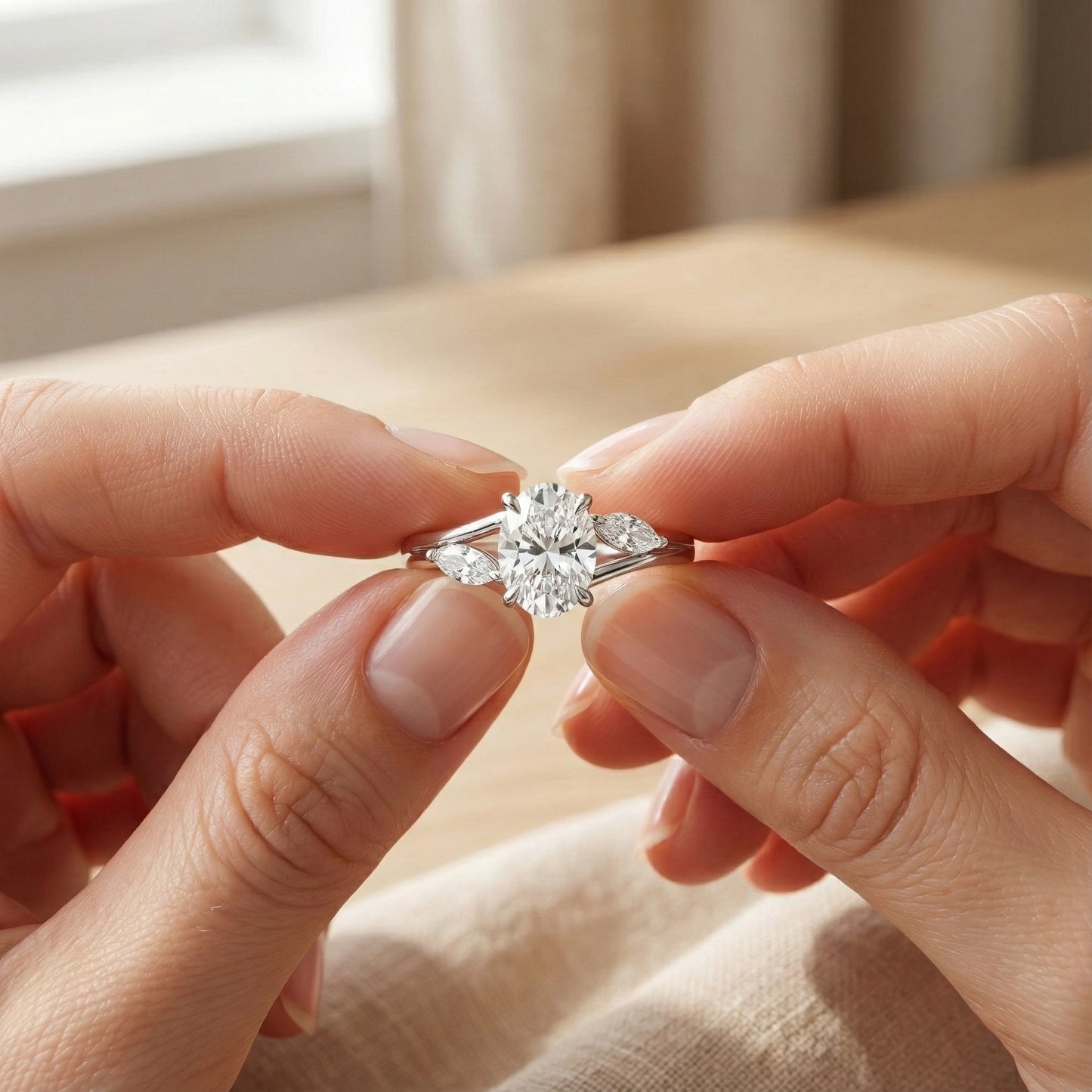 Close-up of hands holding a diamond ring with a blurred background