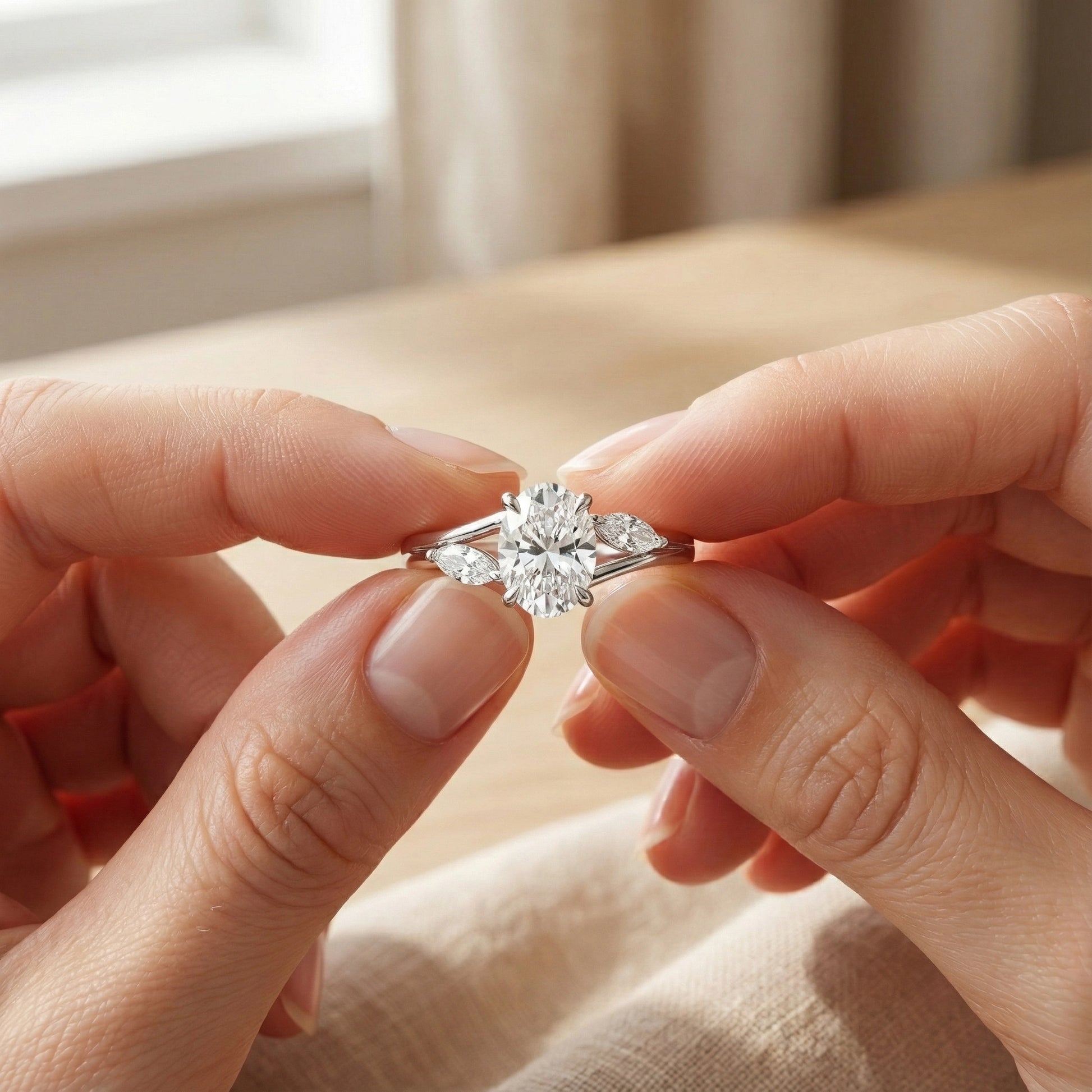 Close-up of hands holding a diamond ring with a blurred background