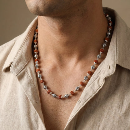 Silver chain necklace with natural rudraksha beads in top view