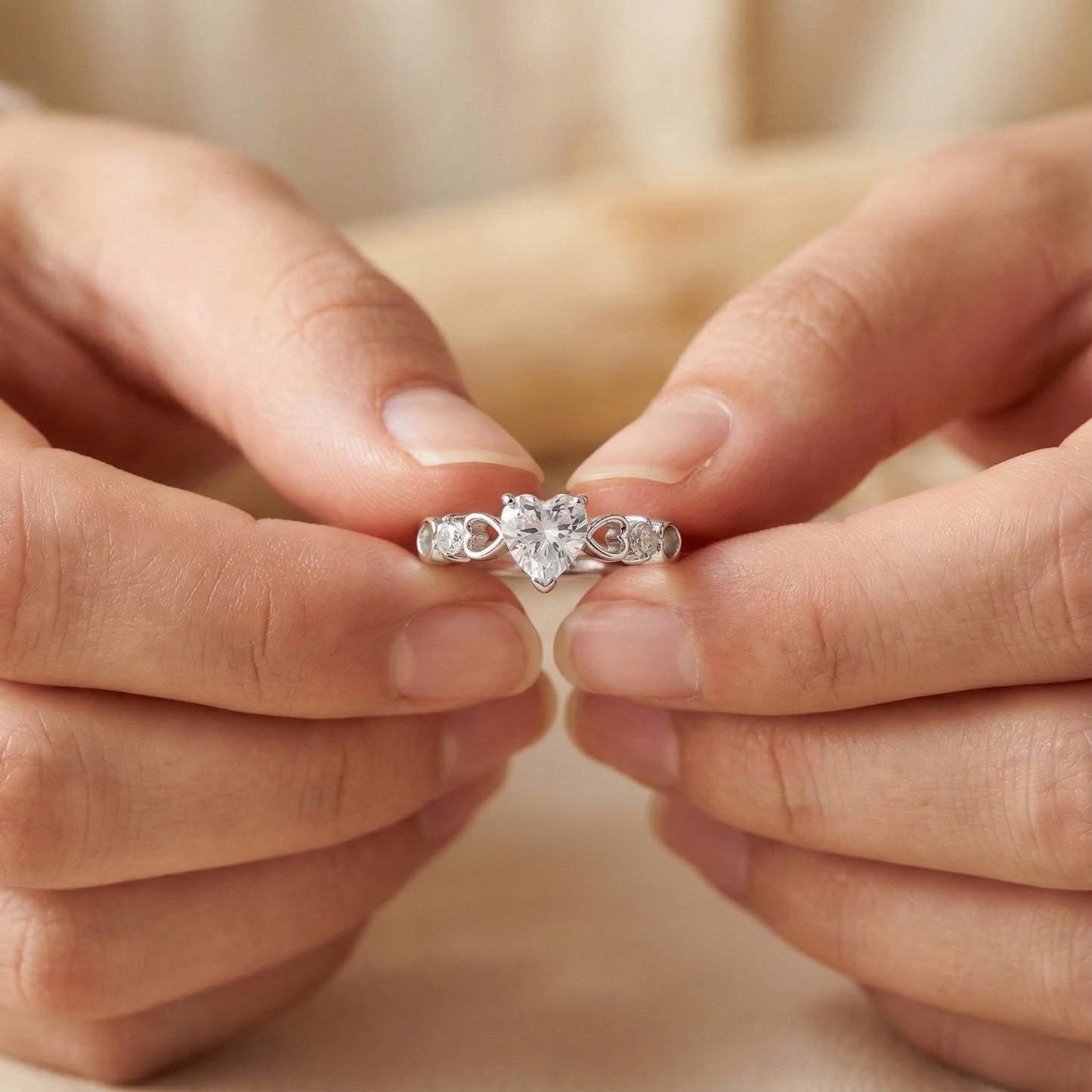 Heart-shaped diamond ring held between two hands against a neutral background
