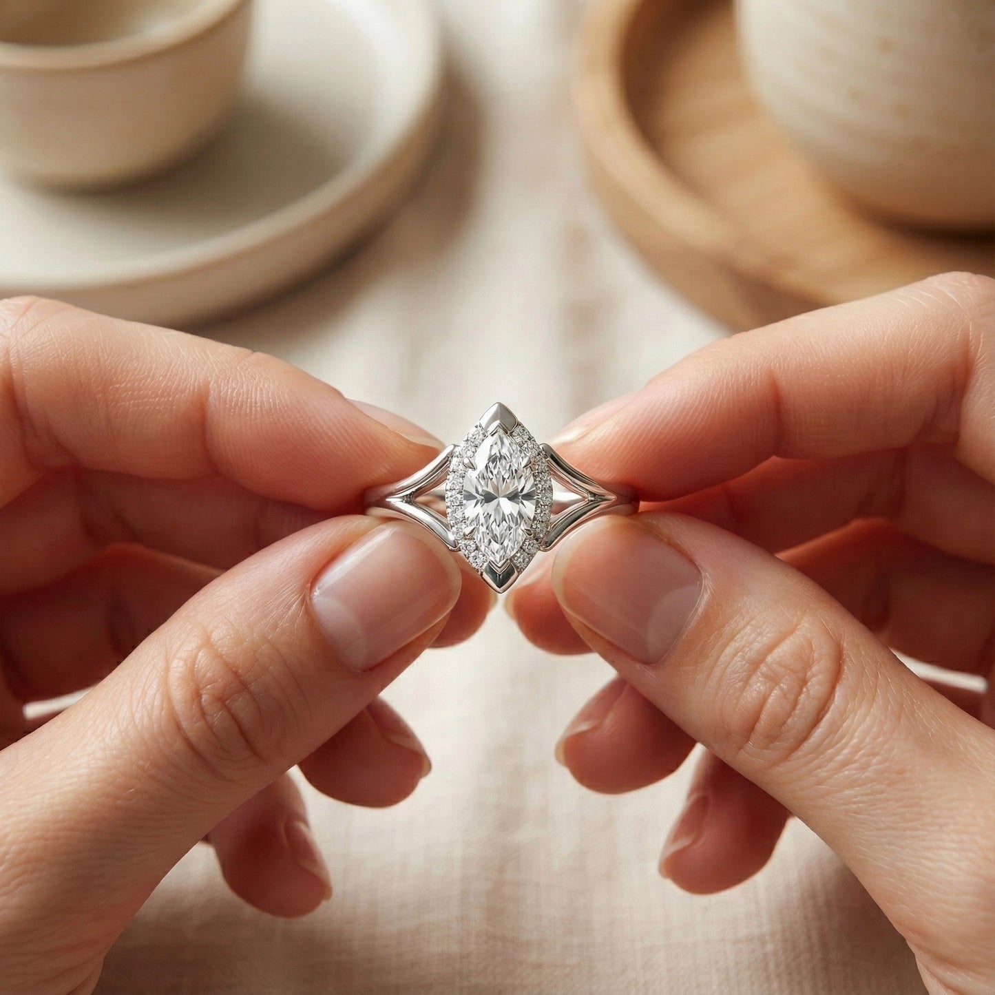 Person holding a diamond ring with a neutral background