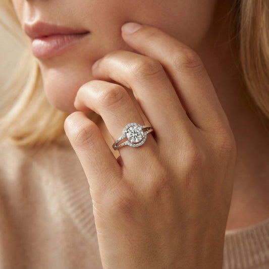 Close-up of a hand wearing a diamond ring with a blurred background